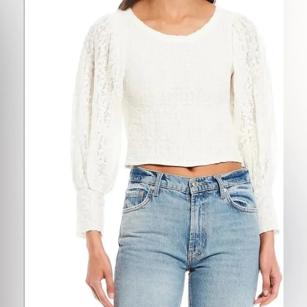 Free People Women’s Tea Time Round Neck Long Puff Sleeve‎ Lace Top white Size M